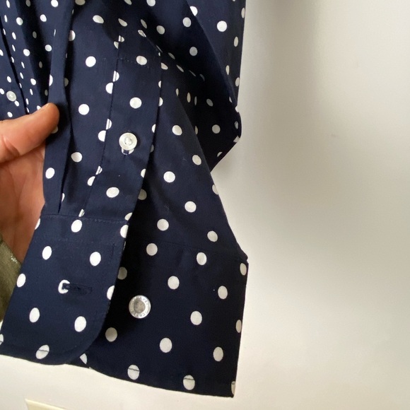 Chaps Blue and White Tie Front Blouse with Mandarin Collar - Picture 3 of 6